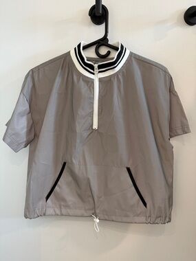 flirtitude Gray Short-Sleeve Zip-Neck Crop Top with Striped Collar